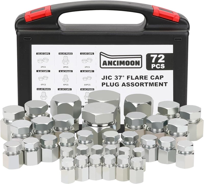 ANCIMOON 72PCS JIC Cap and Plug Set, 37 Degree Flare Threads Hydraulic Hose Fittings, Carbon Steel, Size 4 6 8 10 12 16 - Image 1